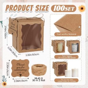 100 Set Candle Gift Boxes with 100 Transparent Window Packaging 3.35x3.35x3.94 in 100 Thank You Tags 1 Roll Rope