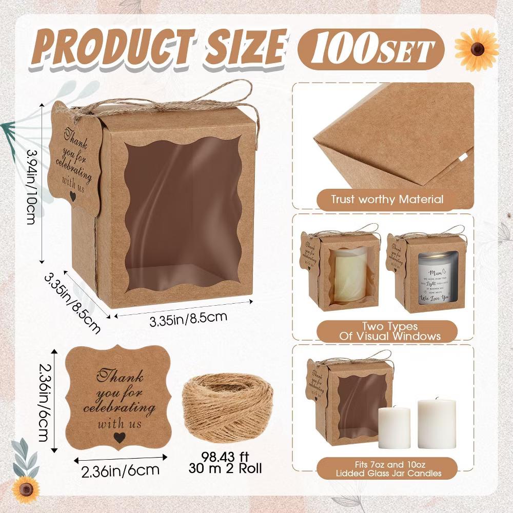 100 Set Candle Gift Boxes with 100 Transparent Window Packaging 3.35x3.35x3.94 in 100 Thank You Tags 1 Roll Rope