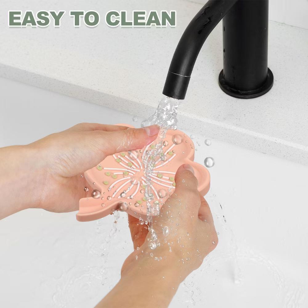 Silicone Soap Dish with Drain Spout, Portable Self Draining Flower Shape Soap Saver Holder - Image 2