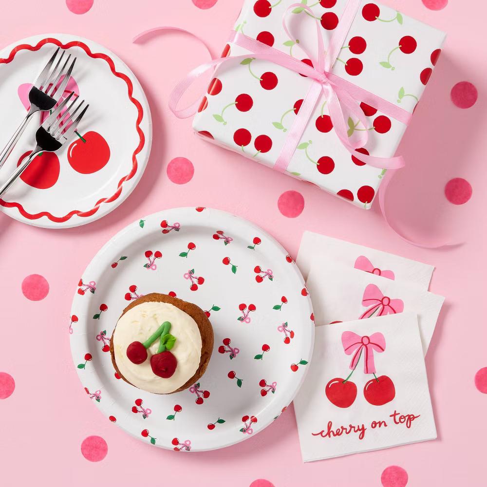 96"x30" Cherry Print Gift Wrapping Paper White/Red - Image 2
