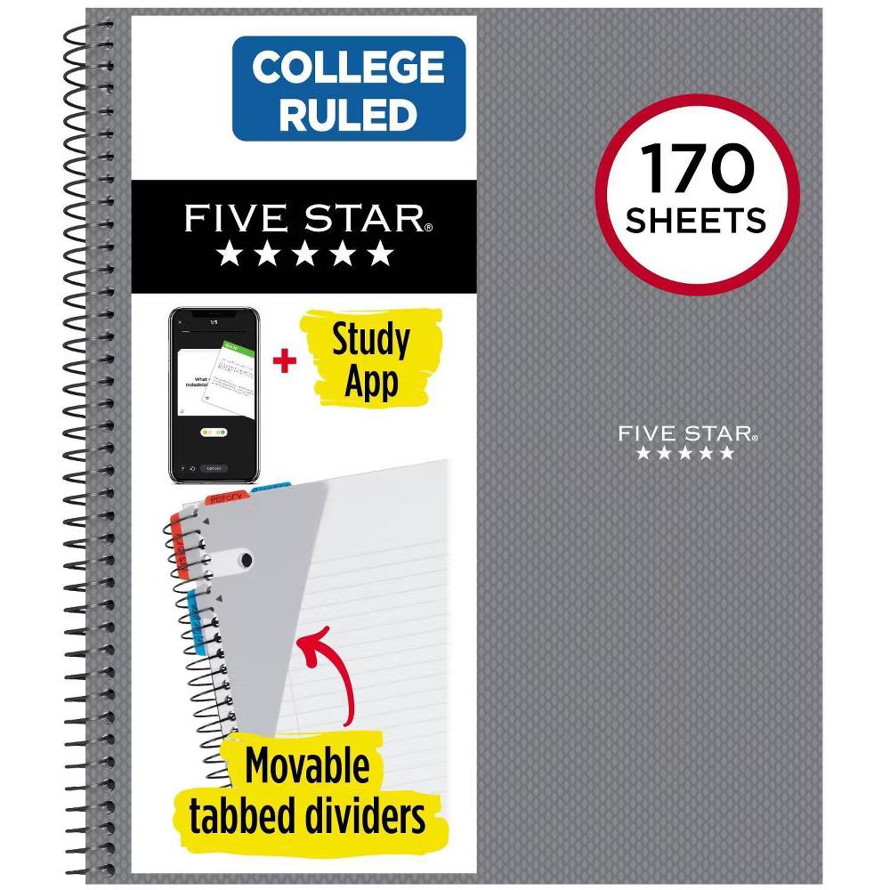 Five Star 170 Sheets College Ruled Notebook Feature Rich Gray: 3 Subject Spiral, 8.5x11", Bleed-Resistant, Perforated Pages - Image 9