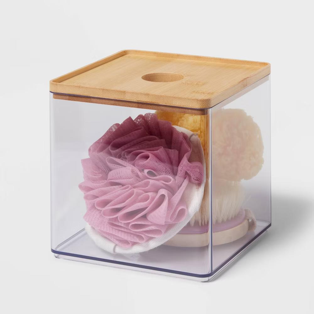Clear Canister Large with Bamboo Lid - Bathroom Container with Lid, Qtip Holder, 6"x6"x6" Plastic - Image 3