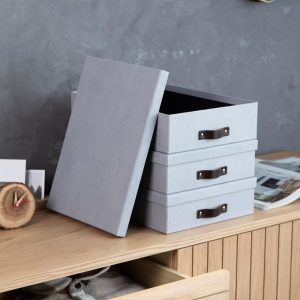 Bigso Oskar Document Letter Box with Lid and Leather Handle – Canvas Fiberboard File Organizer, 3.3" 10.2" 13.8"