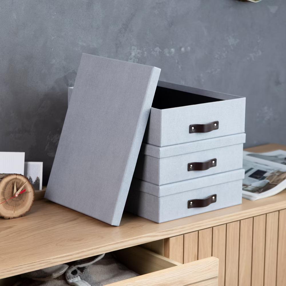 Bigso Oskar Document Letter Box with Lid and Leather Handle – Canvas Fiberboard File Organizer, 3.3" 10.2" 13.8"