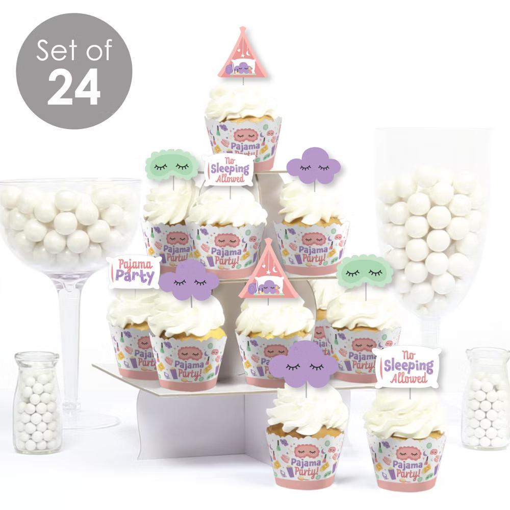 Pajama Slumber Party - Cupcake Decoration - Girls Sleepover Birthday Party Cupcake Wrappers and Treat Picks Kit - Set of 24