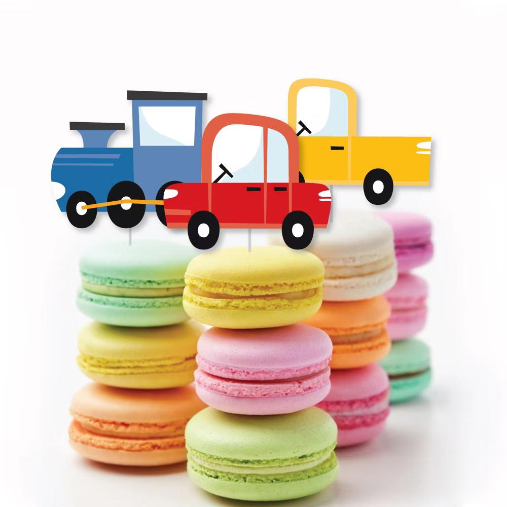 Cars, Trains, and Airplanes - Dessert Cupcake Toppers - Transportation Birthday Party Clear Treat Picks - Set of 24