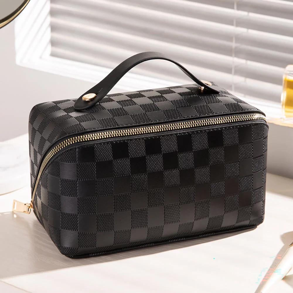 Checkered Makeup Bag, Large Capacity Cosmetic Bag with Handle, Portable Waterproof Travel Toiletry Organizer for Women - Image 3