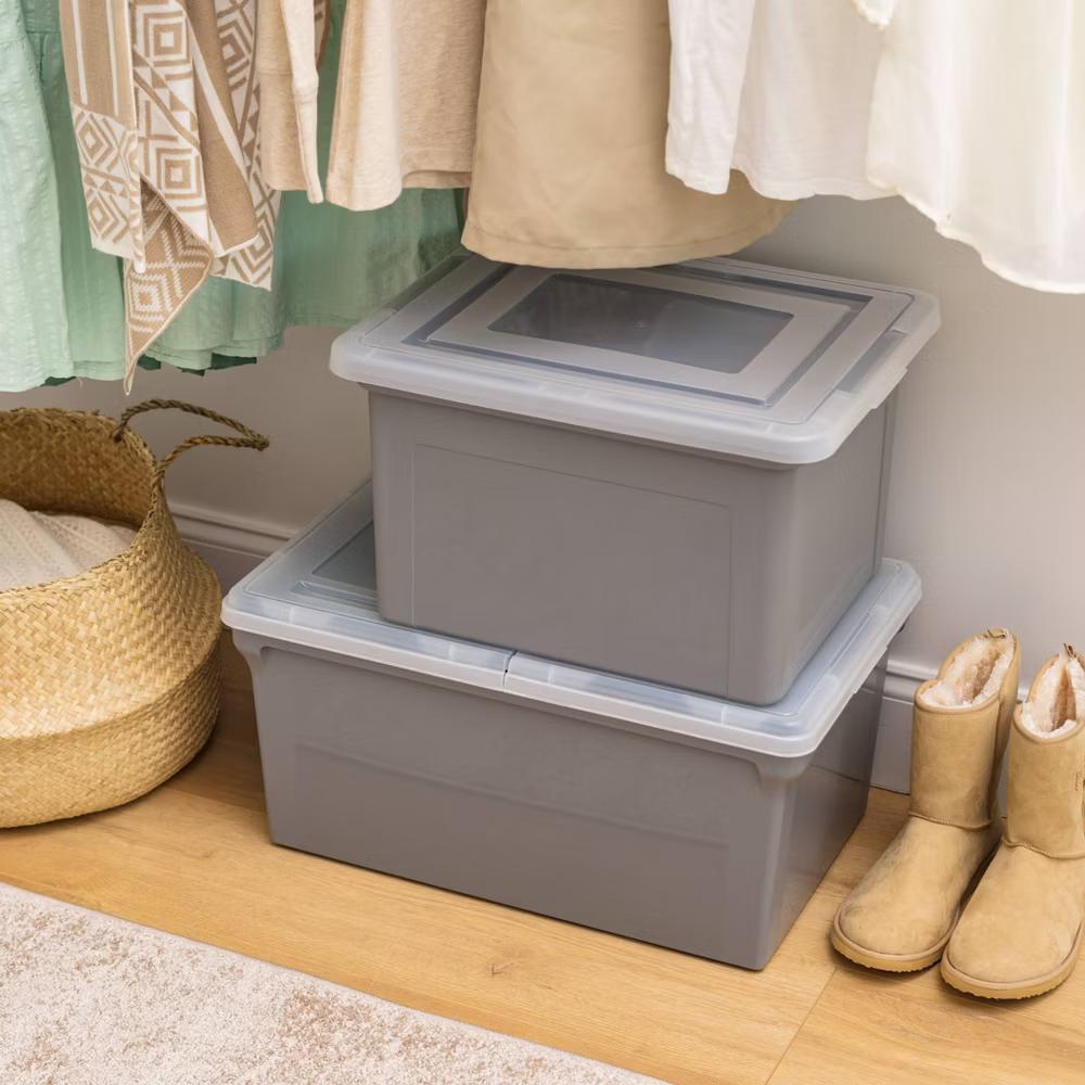 22''x13''x10'' 4pc Split Lid Plastic Storage Bins File Boxes Gray - Image 9