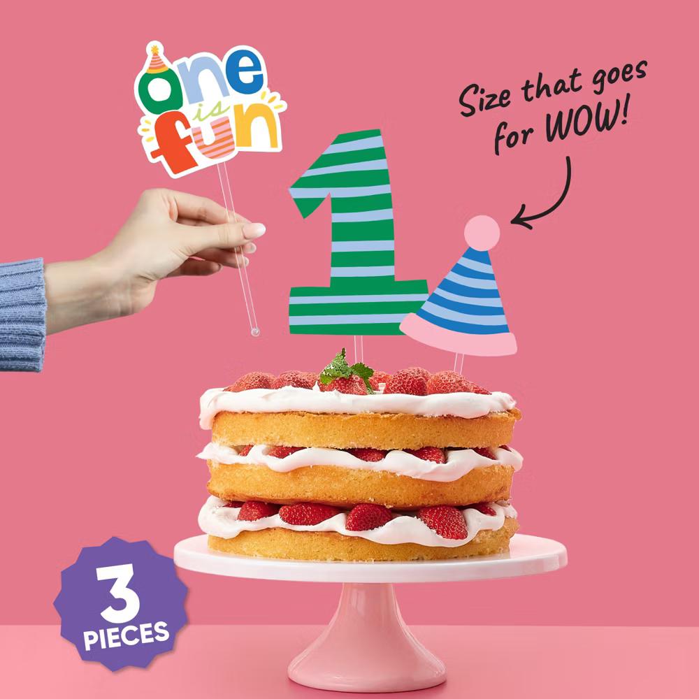One is Fun 1st Birthday Cake Topper Set, Colorful Smash Cake Dessert Decorations, First Birthday Party Supplies – 3 Count - Image 5
