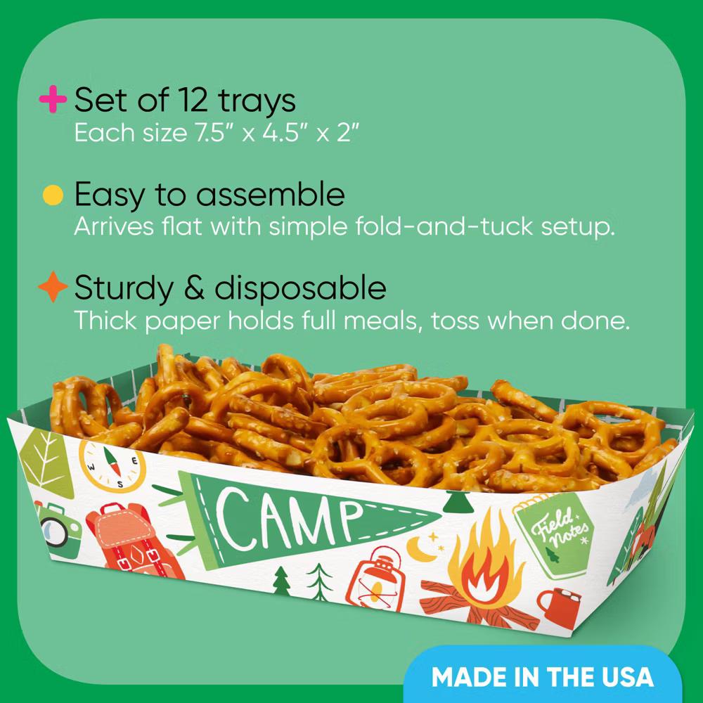 Camping Paper Food Trays, Disposable Food Boats for Happy Camper Kids Birthday Party, Double-Sided Meal Holders - 12 Ct - Image 5