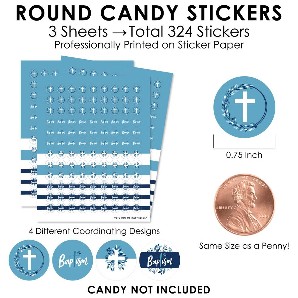 Baptism Blue Elegant Cross - Boy Religious Party Small Round Candy Stickers - Party Favor Labels - 324 Count - Image 4