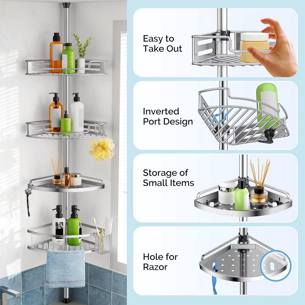 Adjustable Shower Caddy, Tension Pole Storage Organizer with 4 Shelves, No Drill Required for Bathroom. - Image 6