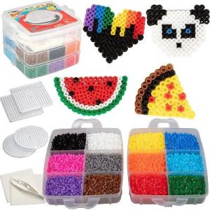 8,000pc Fuse Bead Super Kit w Carrying Case -Presorted 12 Multi Colors, Tweezers, Peg Boards, Melt Iron Paper- Craft Project, Kids Gift