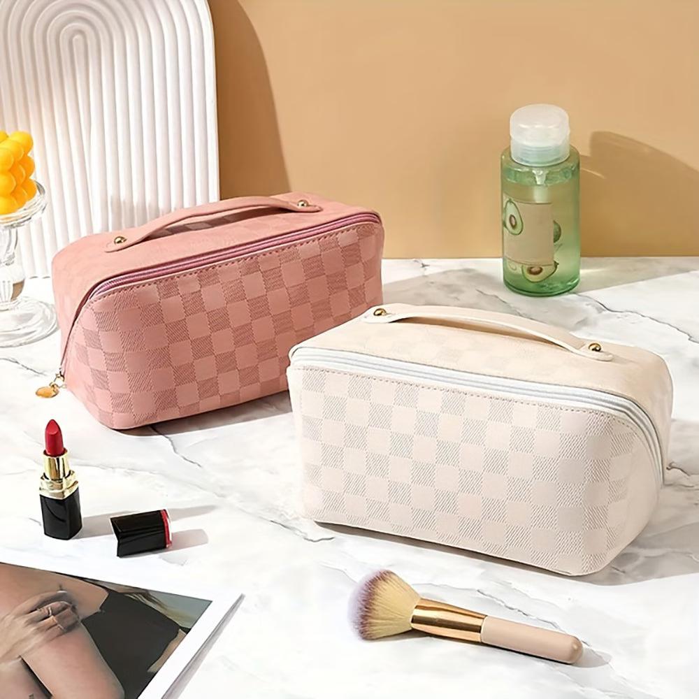 Checkered Makeup Bag, Large Capacity Cosmetic Bag with Handle, Portable Waterproof Travel Toiletry Organizer for Women - Image 8
