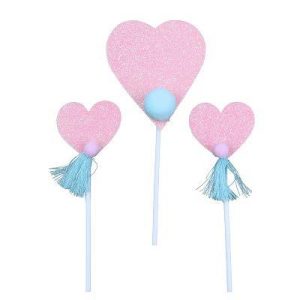 Pink Glitter Heart Cake Toppers with Pompom or Tassel, Total 3 Pieces