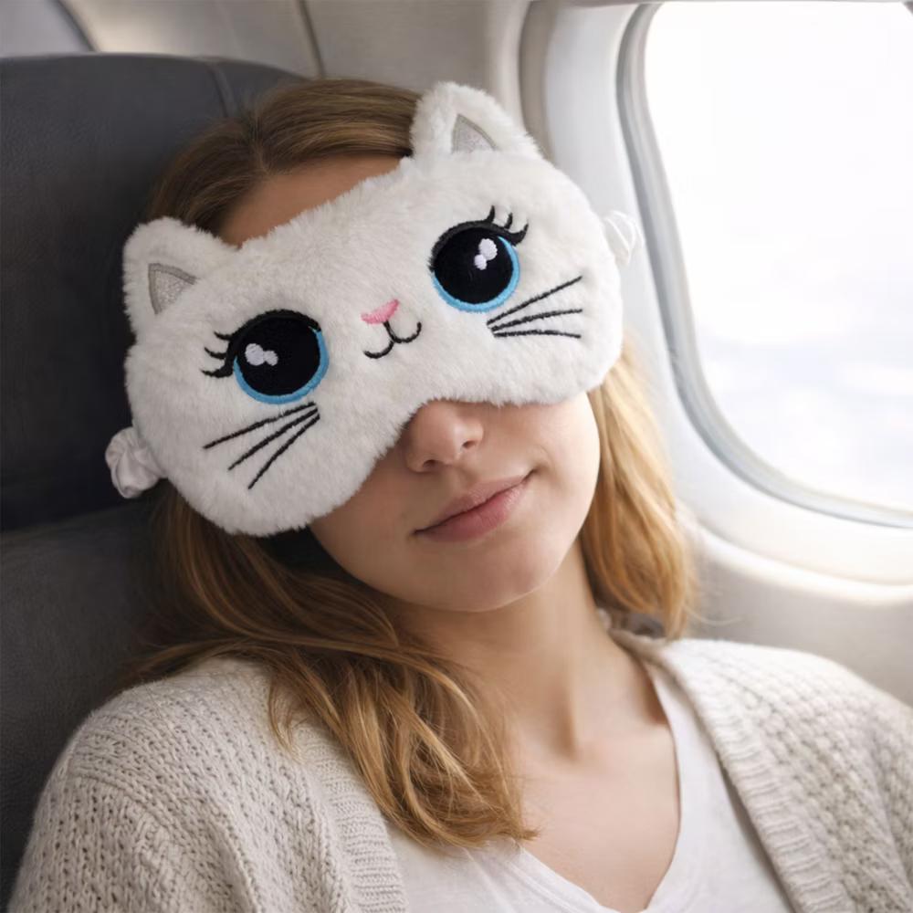Plush Cat Face Sleep Mask Soft Faux Fur Eye Cover with Embroidered Design Elastic Satin Strap for Comfortable Light Blocking - Image 9