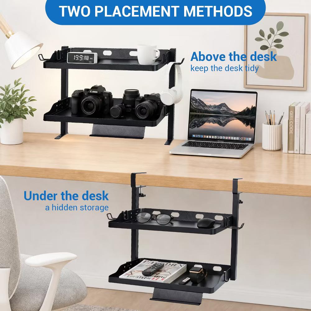 Adjustable 2-Tier over or Under Desk Mount Storage Rack –Multi-Functional Desktop and Under Desk Shelf Tray for Office Supplies - Image 8