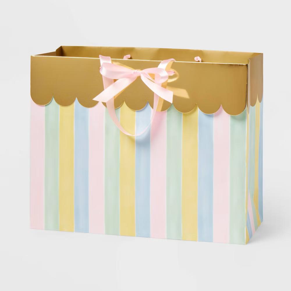 Medium Scallop Striped Baby Shower Gift Bag with Bow Colorful - Image 2