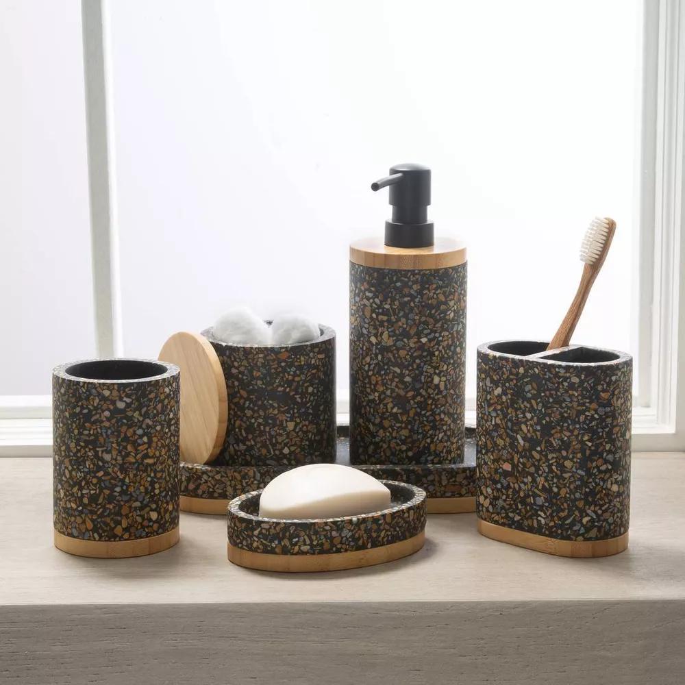 Soren Cement Terrazo with Bamboo Bathroom Tumbler Black