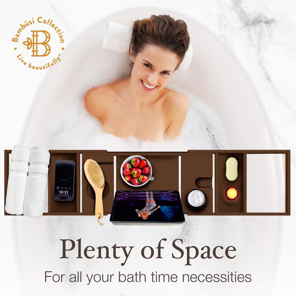 Luxury Bamboo Bathtub Tray Caddy - Brown Expandable and Foldable Non-Slip Bath Caddy with Book, Tablet, Wine Glass Holder - Unique Gift for Her or Him - Image 6