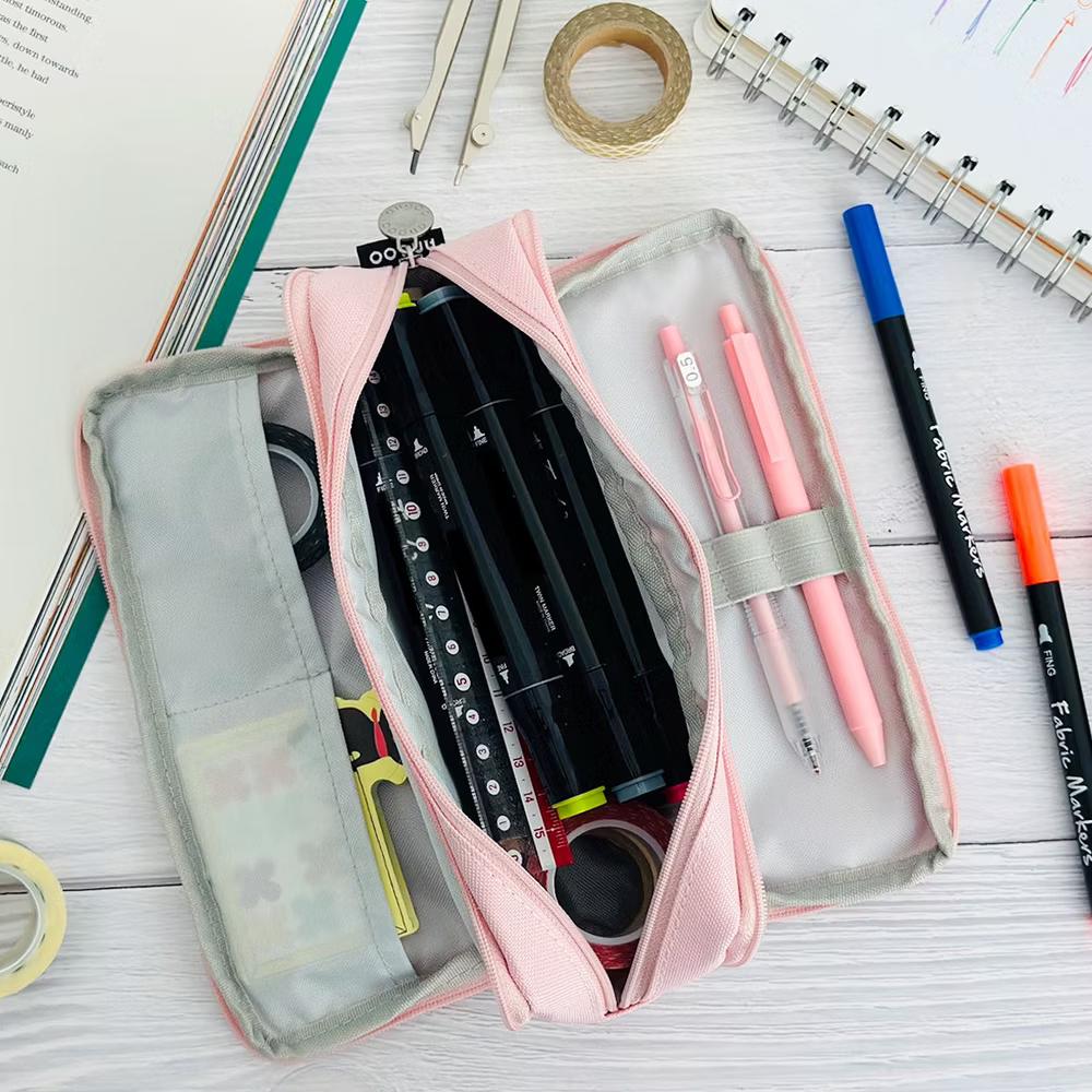 Large Capacity Pencil Case, 3 Compartment Pencil Pouch for Stationery Pens, Pink - Image 6