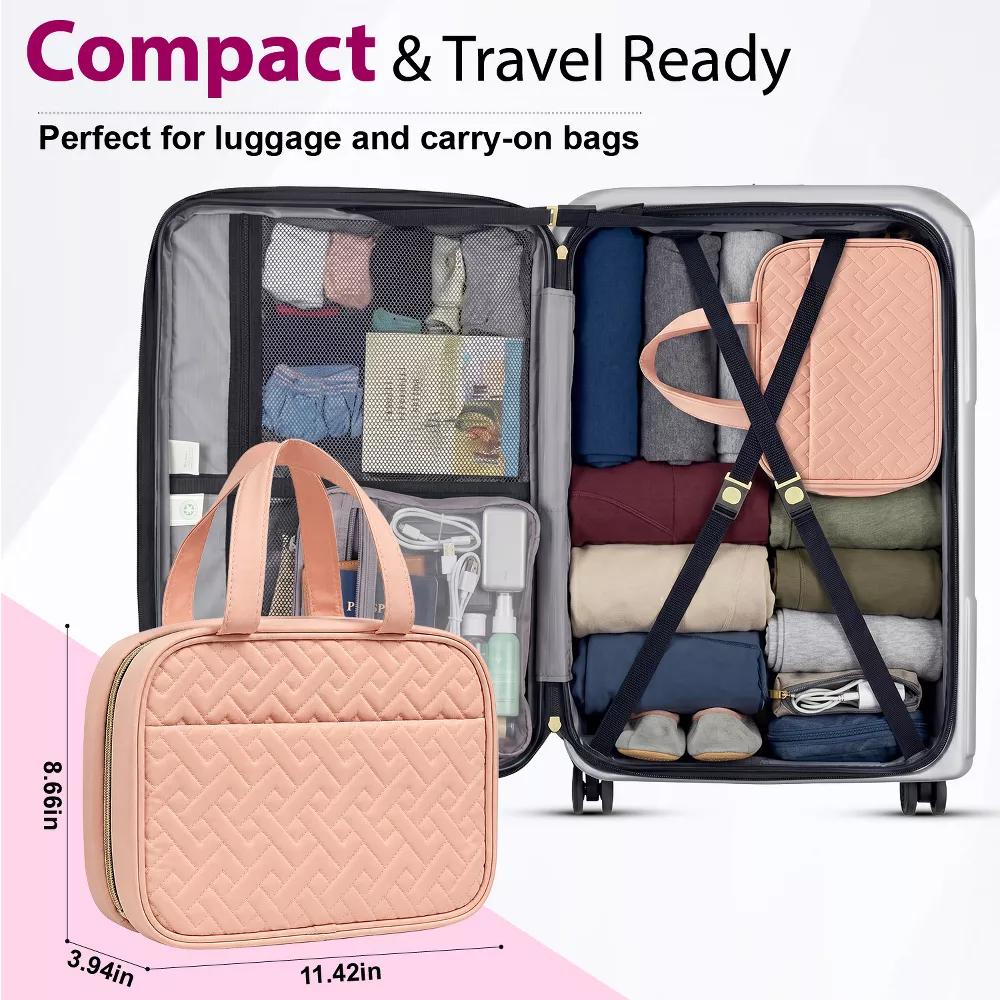 Mber Travel Toiletry Bag Hanging, Travel Makeup Bag, Large Hanging Toiletry Bags with Clear Compartments for Weekender Cosmetic Travel Bags, Pink - Image 3