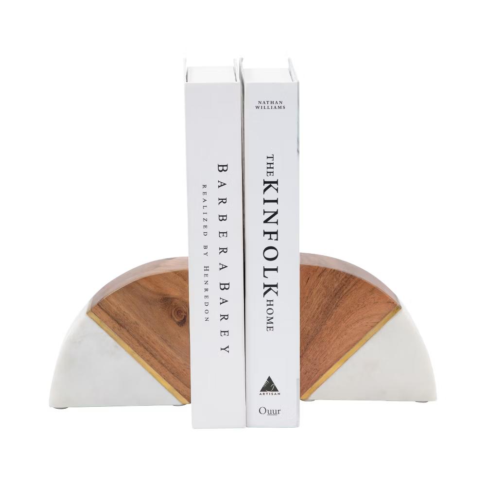 Stylish Curved Marble Book Ends with Wood Accent - Modern Bookend for Home Library, Desk, or Coffee Table Decor - Set of 2, 5", White & Brown - Image 9