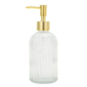 Cylinder Vertical Stripes Soap Dispenser 12.17oz Clear Gold Tone 1 Pc