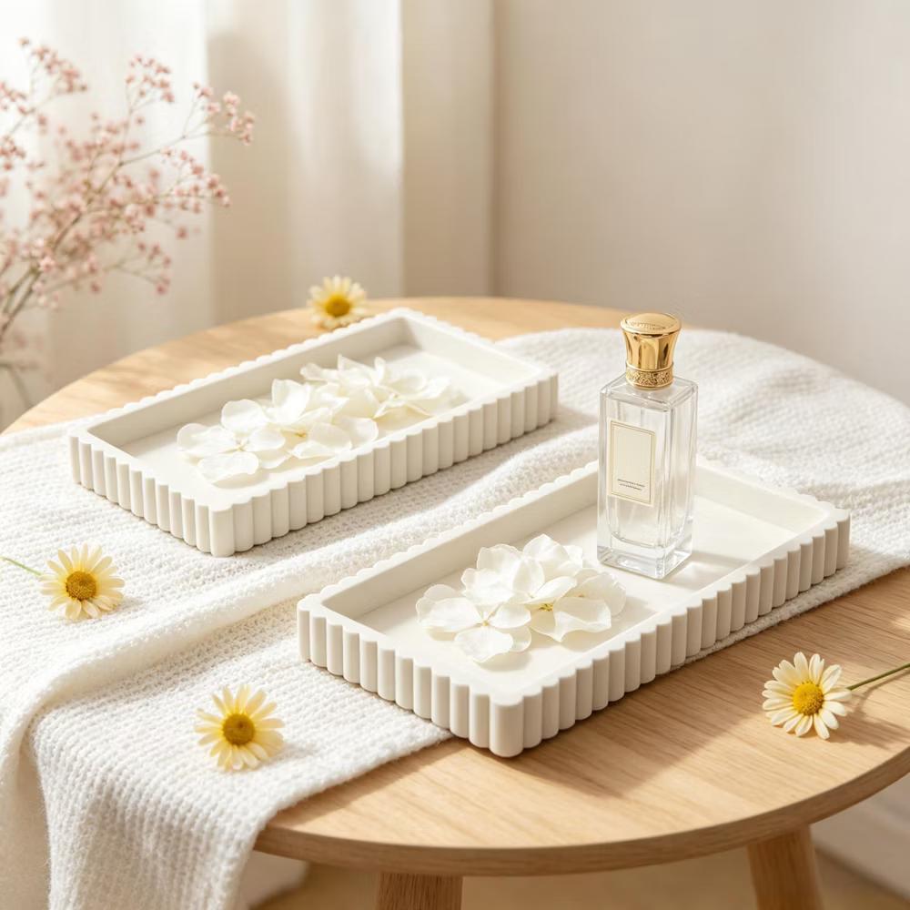 2Pc Round Silicone Vanity Tray Set Decorative Catchall Organizer for Bathroom Countertop Perfume White - Image 8