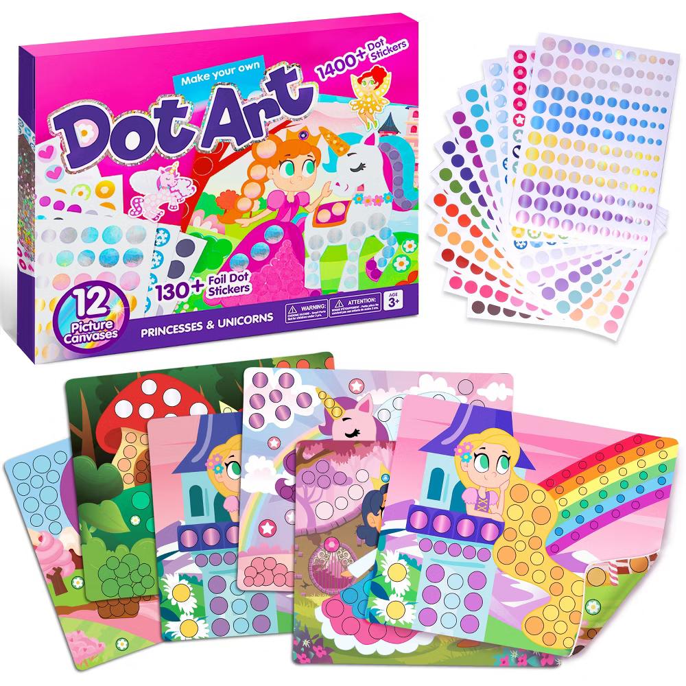 Unicorns Princess Dot Art Paper Craft Kit for Girls Age 3-8 No Mess DIY Stickers Kids School Arts Supplies Christmas Gifts Birthday Party favors