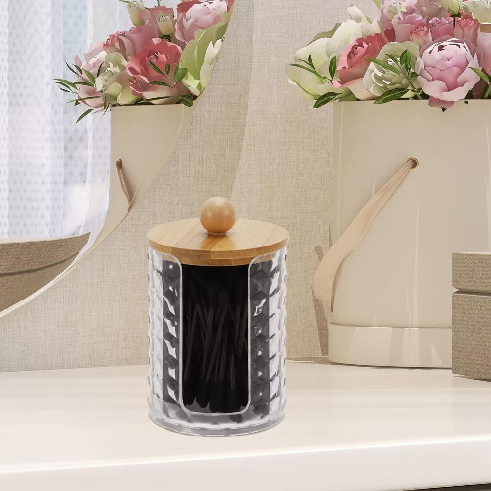 Acrylic Bamboo Wood Cotton Swab Jar for Bath Clear Wood Color 1 Pc - Image 6