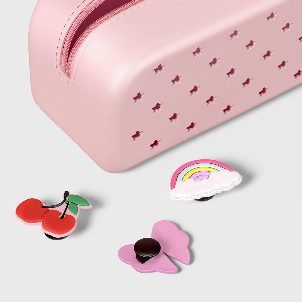 Single Zip Silicone Pencil Pouch Light Pink with Coquette Charms