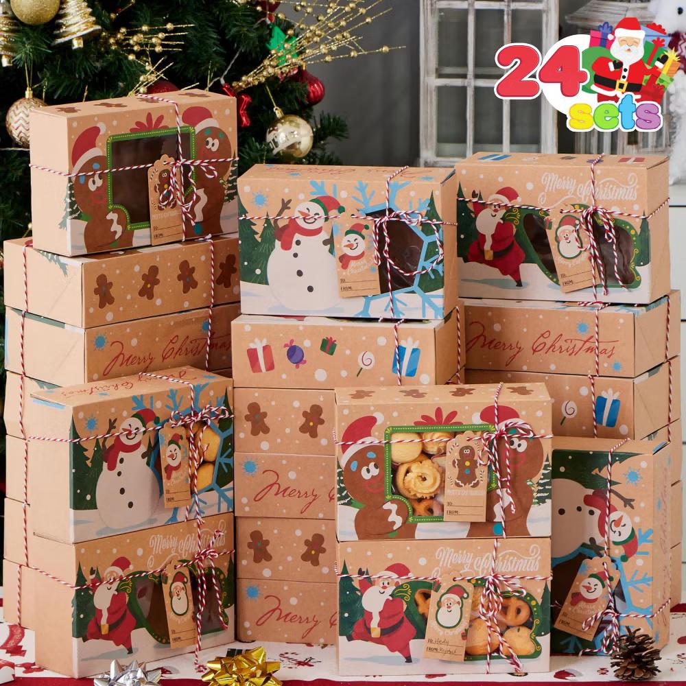 24 Pcs Christmas Cookie Gift Baking Box, Auto-Popup Treat Boxes with Window and Tags, Xmas Treat Boxes Containers for Cookies & Holiday Baking - Image 3