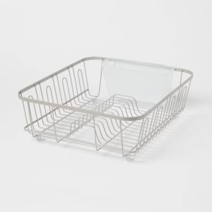 Large Steel Dish Drainer Brushed Nickel - Freestanding Dish Drying Rack with Utensil Holder