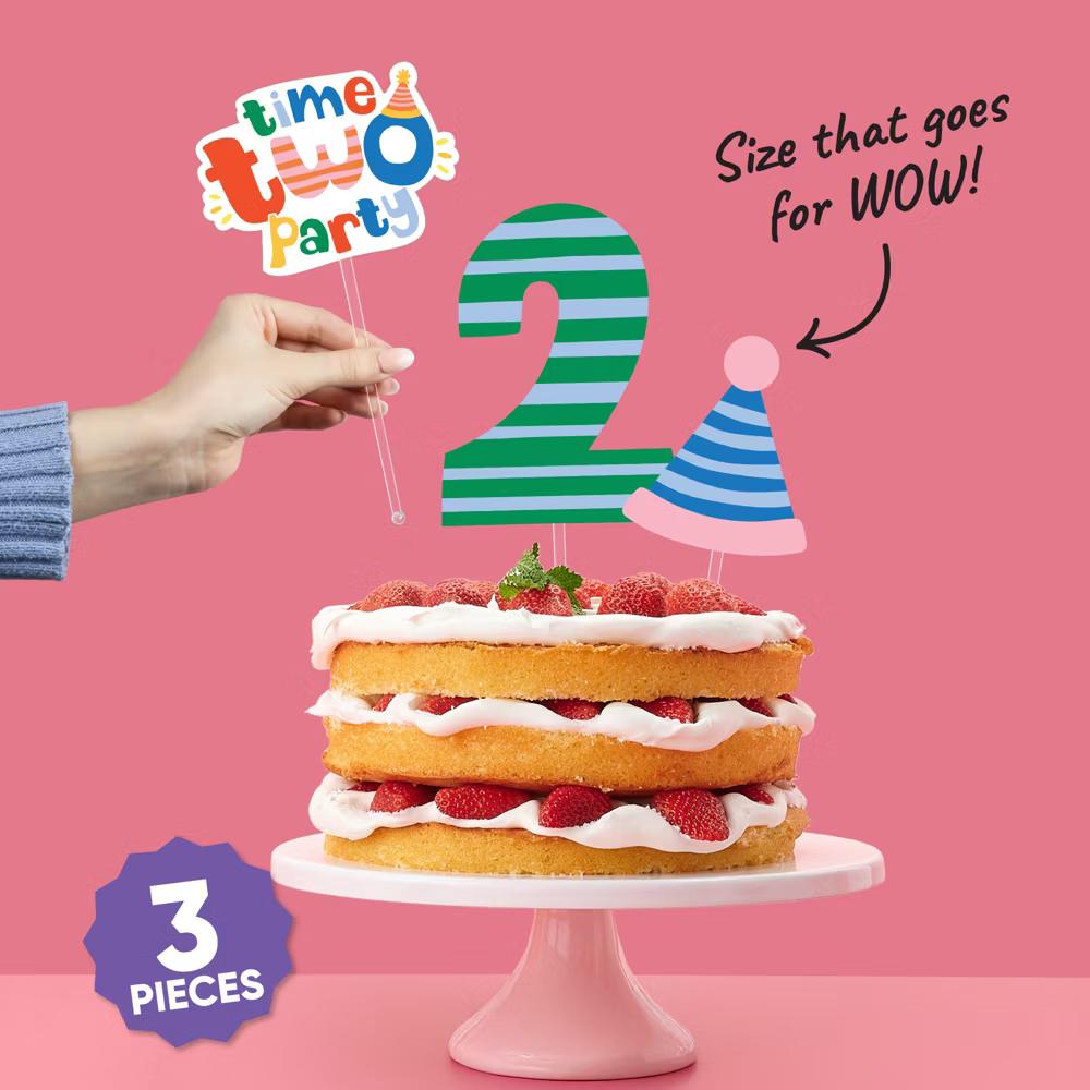 Time Two Party 2nd Birthday Cake Topper Set, Colorful Cake Dessert Decorations, Second Birthday Party Supplies – 3 Count - Image 2