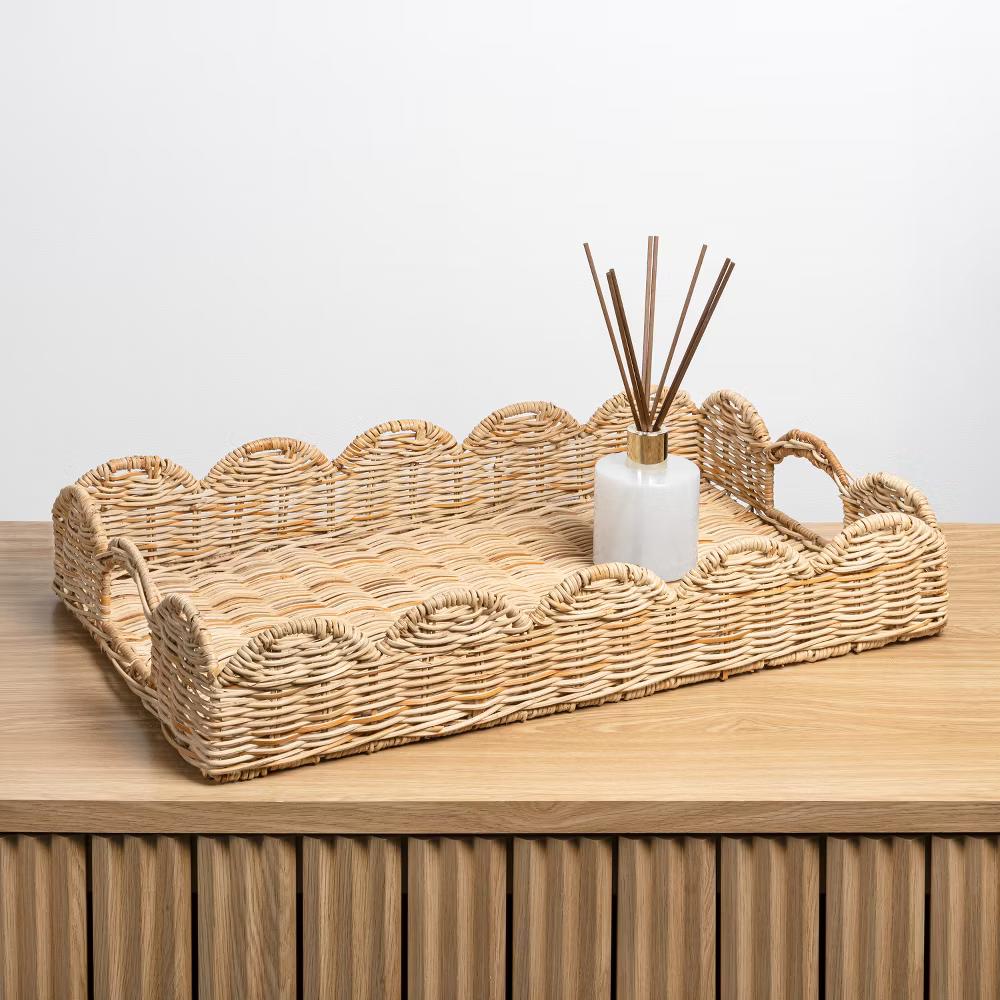 happimess Scalloped 21.5" Southwestern Cottage Hand-Woven Rattan Tray with Handles - Image 5