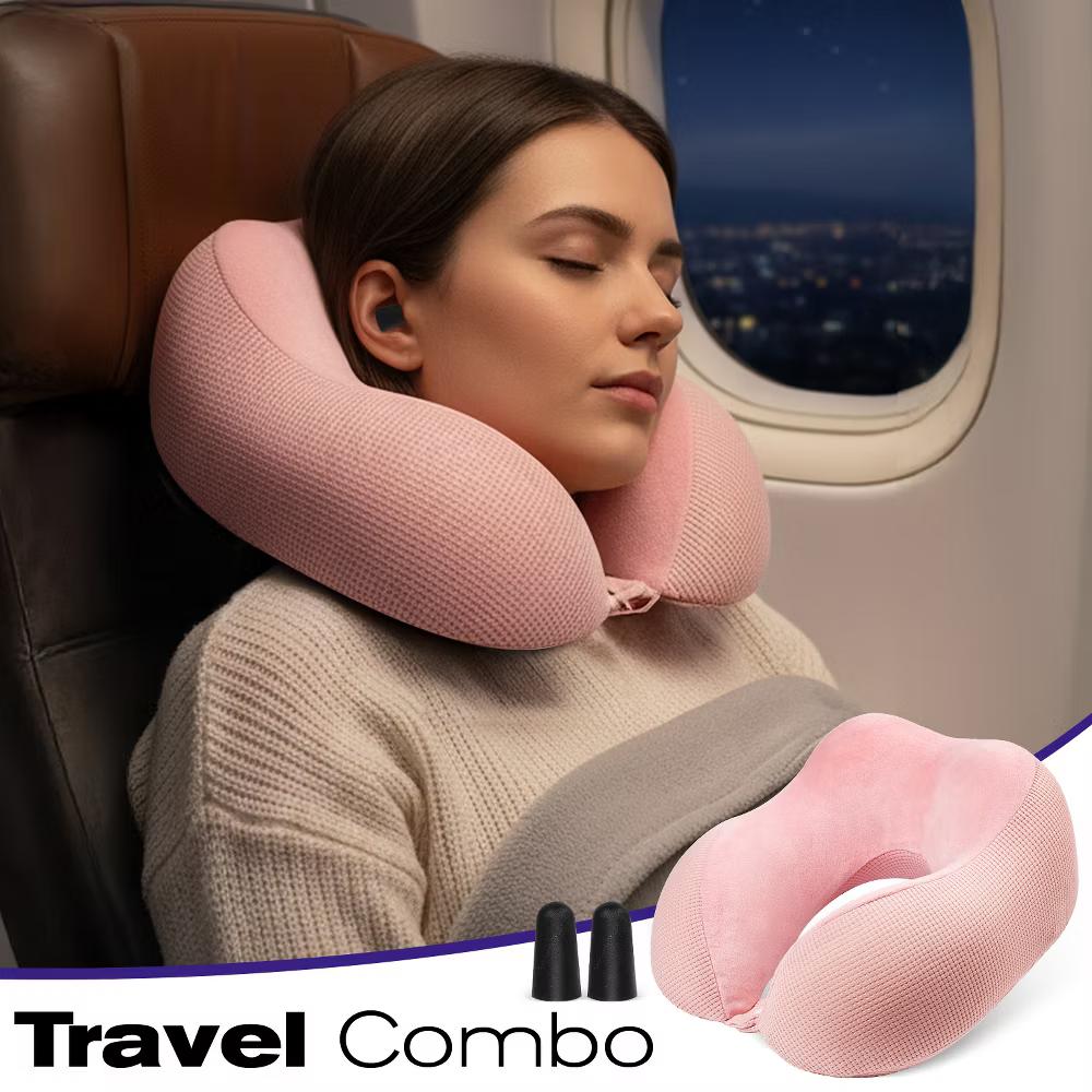 Neck Pillows for Travel Pillow, Travel Neck Pillow Airplane, Foldable Memory Foam Neck Pillow for Car Travel Sleeping with Ear Plugs, Pink