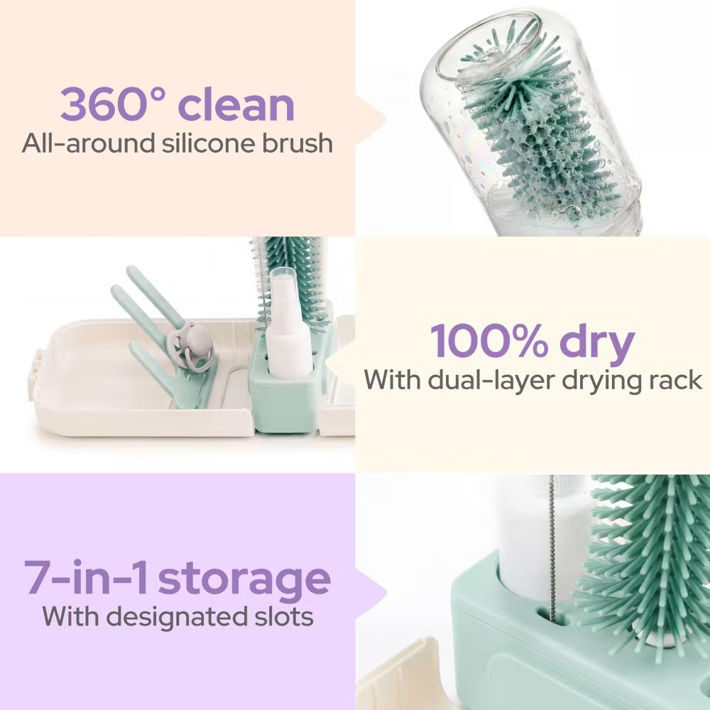 lalalark Baby Bottle Brush Set, 7-in-1 Baby Bottle Cleaner Kit with Silicone Brush, Nipple Brush,Soap Dispenser & Drying Rack, Baby Travel Essential - Image 7