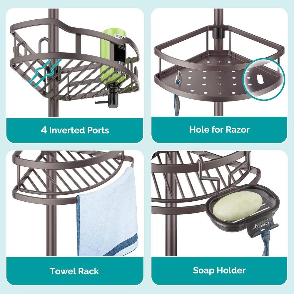 Corner Shower Caddy Tension Pole: Rustproof Stable 4-Tier Bathroom Organizer Shelves for Bathtub Shampoo Storage - Image 2