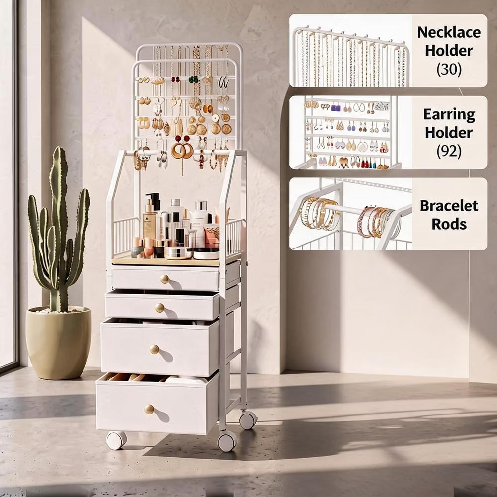 Rolling Makeup Vanity Cart and Jewelry Organizer with Drawers and Hooks - Multifunctional Cosmetics Storage Tower - Image 3