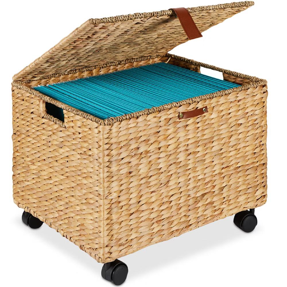 Best Choice Products Hyacinth Rolling Filing Cabinet Mobile Organizer Storage Basket w/ Lid, Locking Wheels - Natural - Image 16