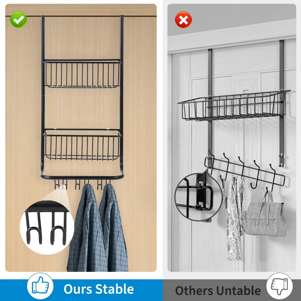 Over The Door Organizer, 2-Tier Metal Shower Caddy with 6 Hooks, Adjustable Hanging Storage - Image 2