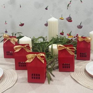 Christmas House Shaped Gift Boxes with Ribbons for Weddings, Housewarming, Cookies, Candies, Treats, Party Favors, Red