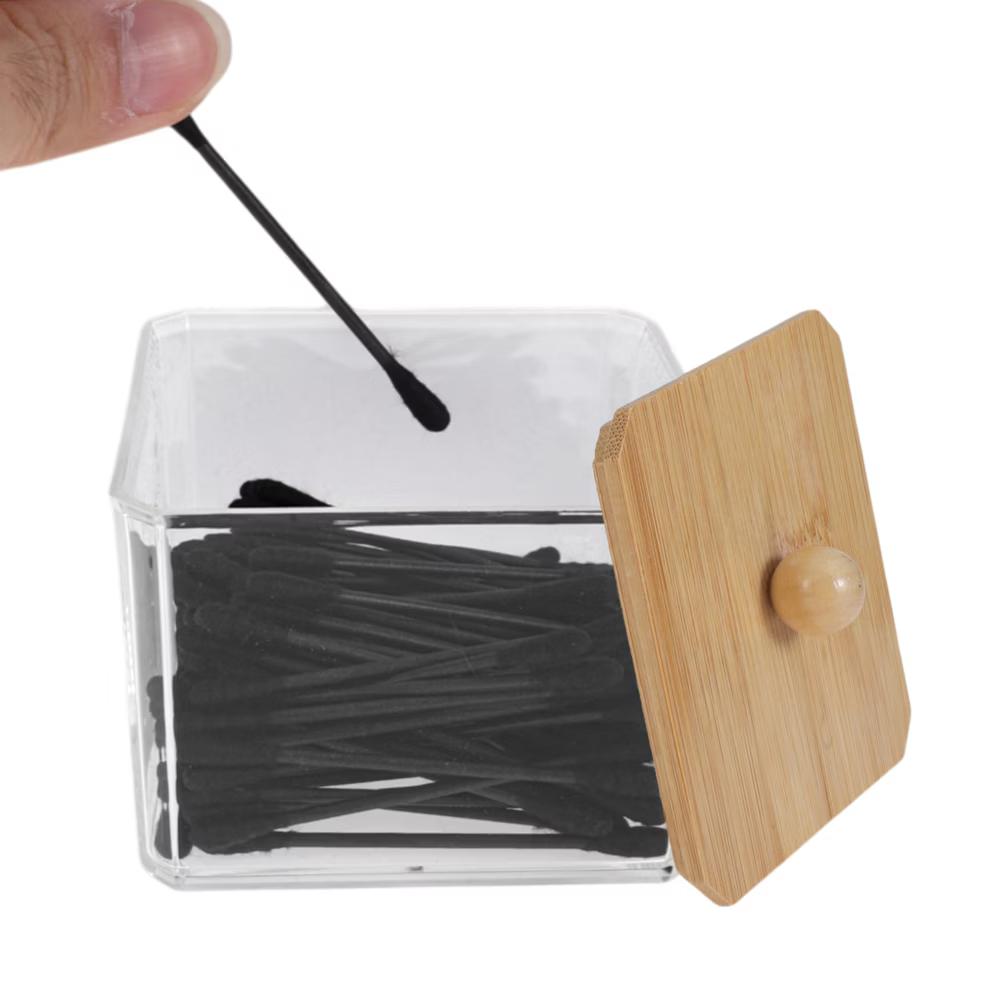 Square Bamboo Cover Acrylic Cotton Swab Holder Bathroom Transparent Wood-Tone 1 Pc - Image 9