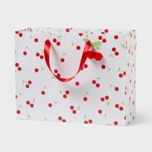 Medium Cherries Birthday Gift Bag with Pom Pom Tag White/Red