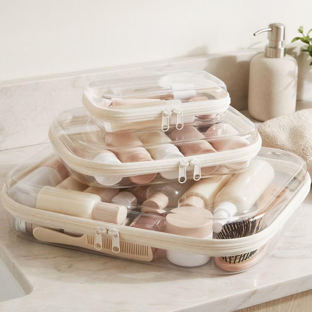 Transparent Hard Shell Zipper Case, Clear Travel Storage Organizer for Toiletries, Makeup, and Cosmetics (Set of 3) - Image 5