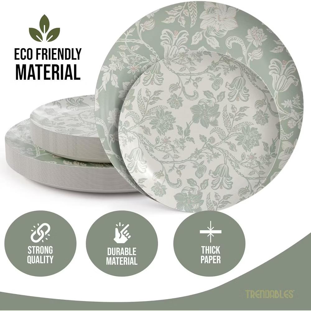 Earthtrends Floral Paper Plates Party Set for 32 Guests | Includes 32 Small 8" Dessert Plates & 32 Large 10" Dinner Disposable Plates | Gracy - Image 3