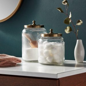 Medium Glass Bath Canister Brass - Elegant Storage Jar with Lid for Bathroom Organization, 43.9oz Capacity