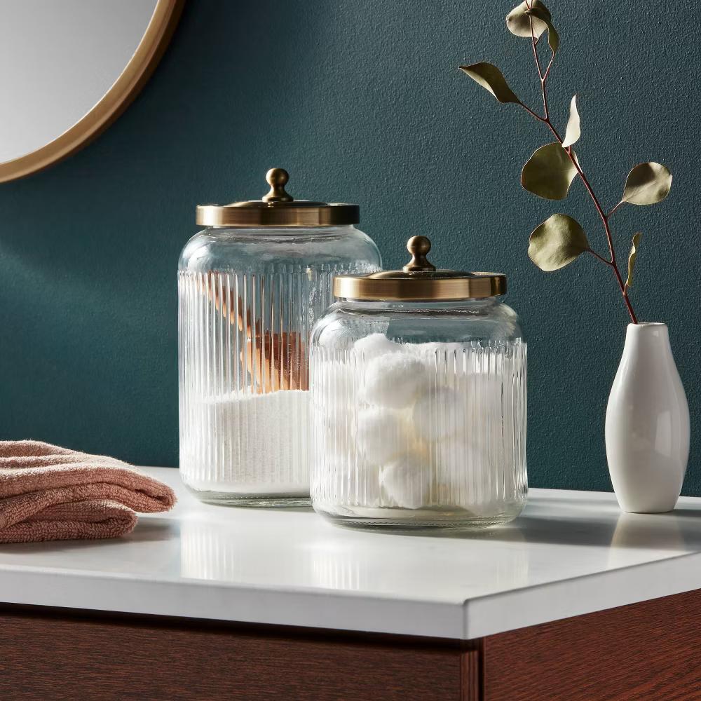 Medium Glass Bath Canister Brass - Elegant Storage Jar with Lid for Bathroom Organization, 43.9oz Capacity