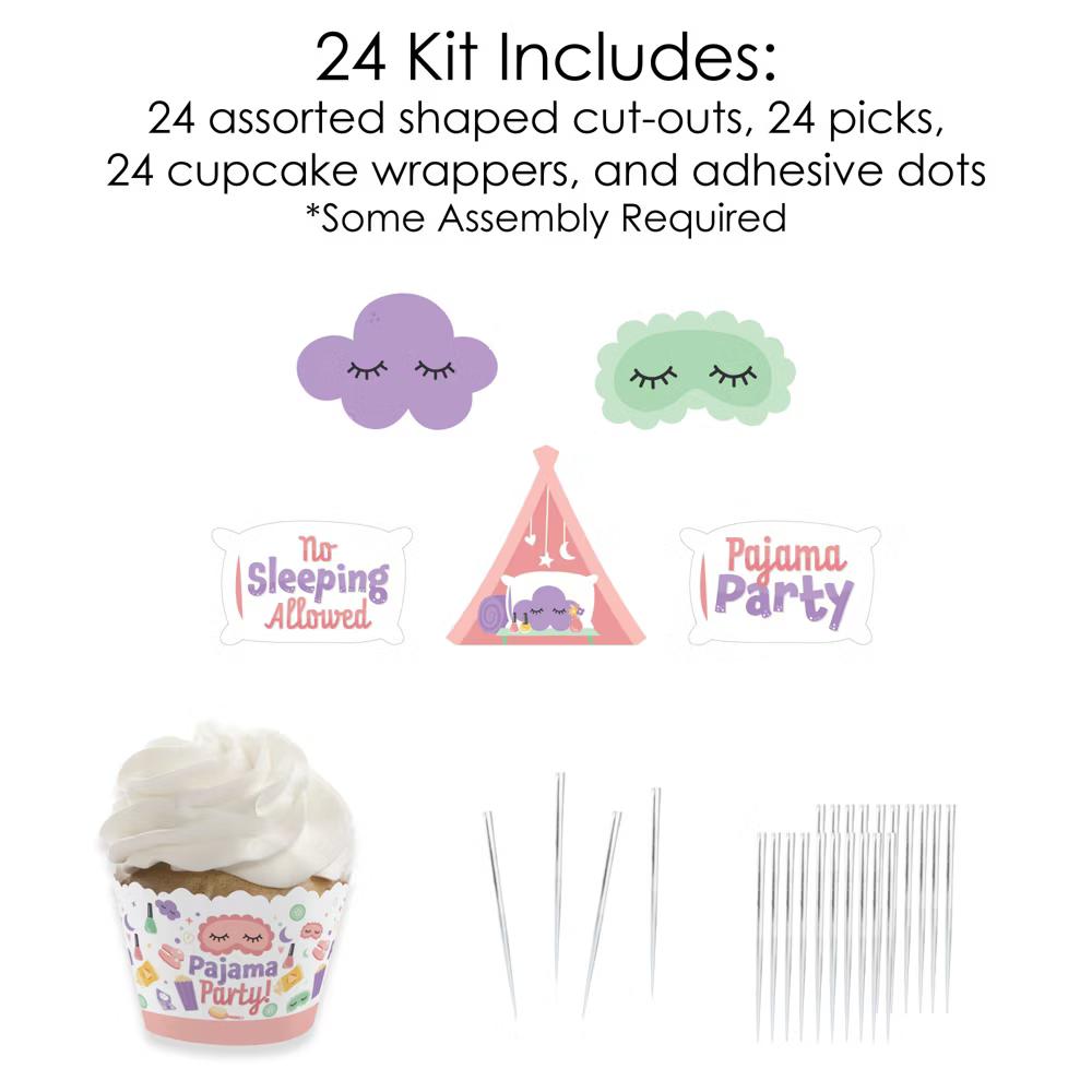 Pajama Slumber Party - Cupcake Decoration - Girls Sleepover Birthday Party Cupcake Wrappers and Treat Picks Kit - Set of 24 - Image 4